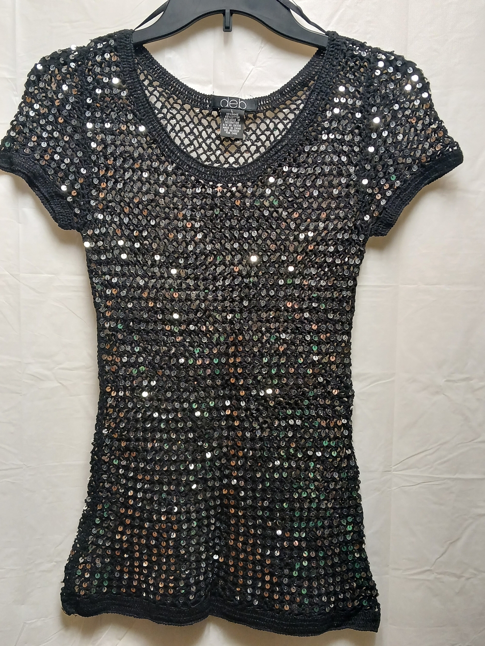 deb Black Sequin Mesh Short Sleeve Top